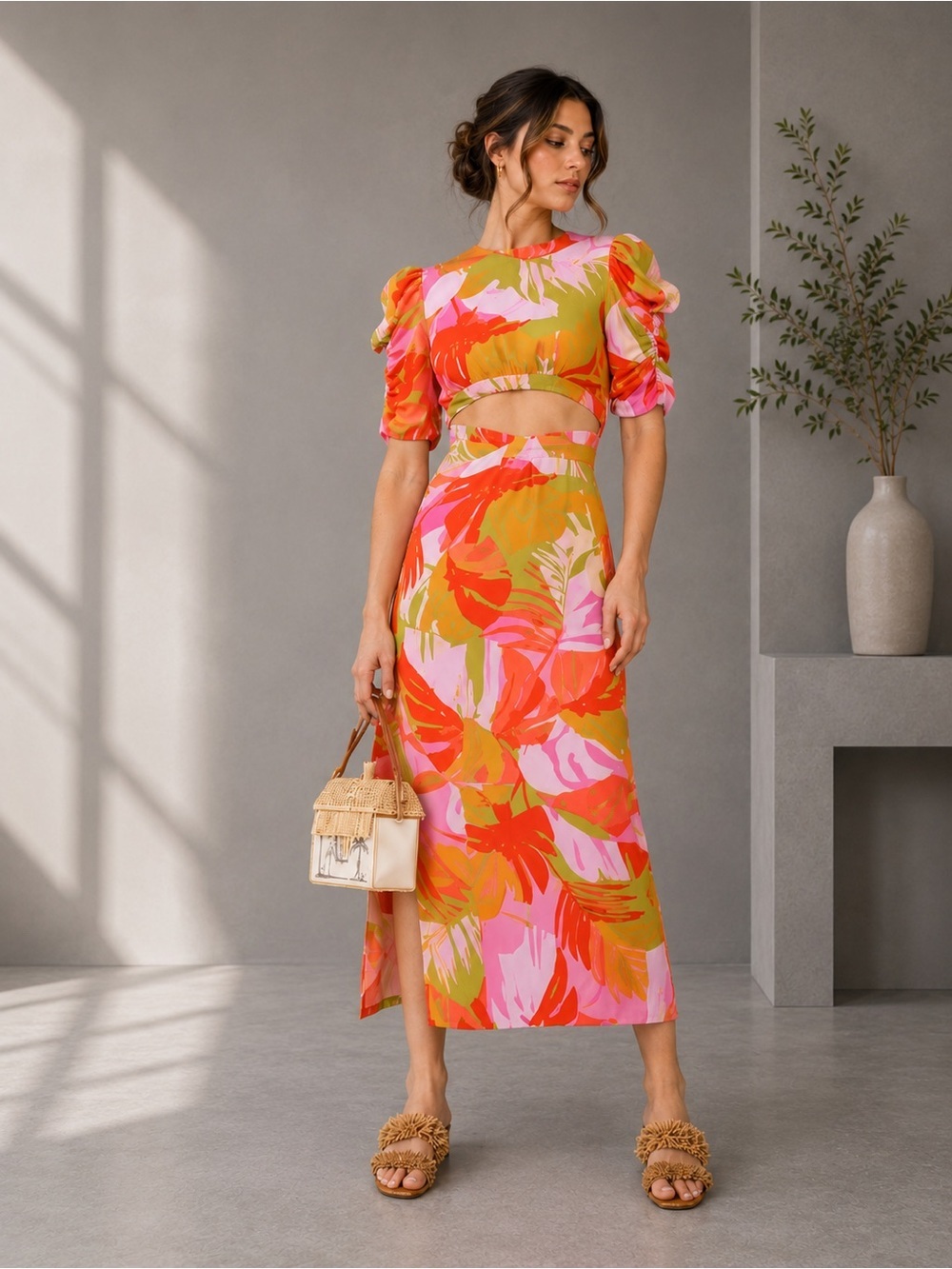 New Farm Rio Colorful Leaves Cut-out Midi Dress Size XS B2019